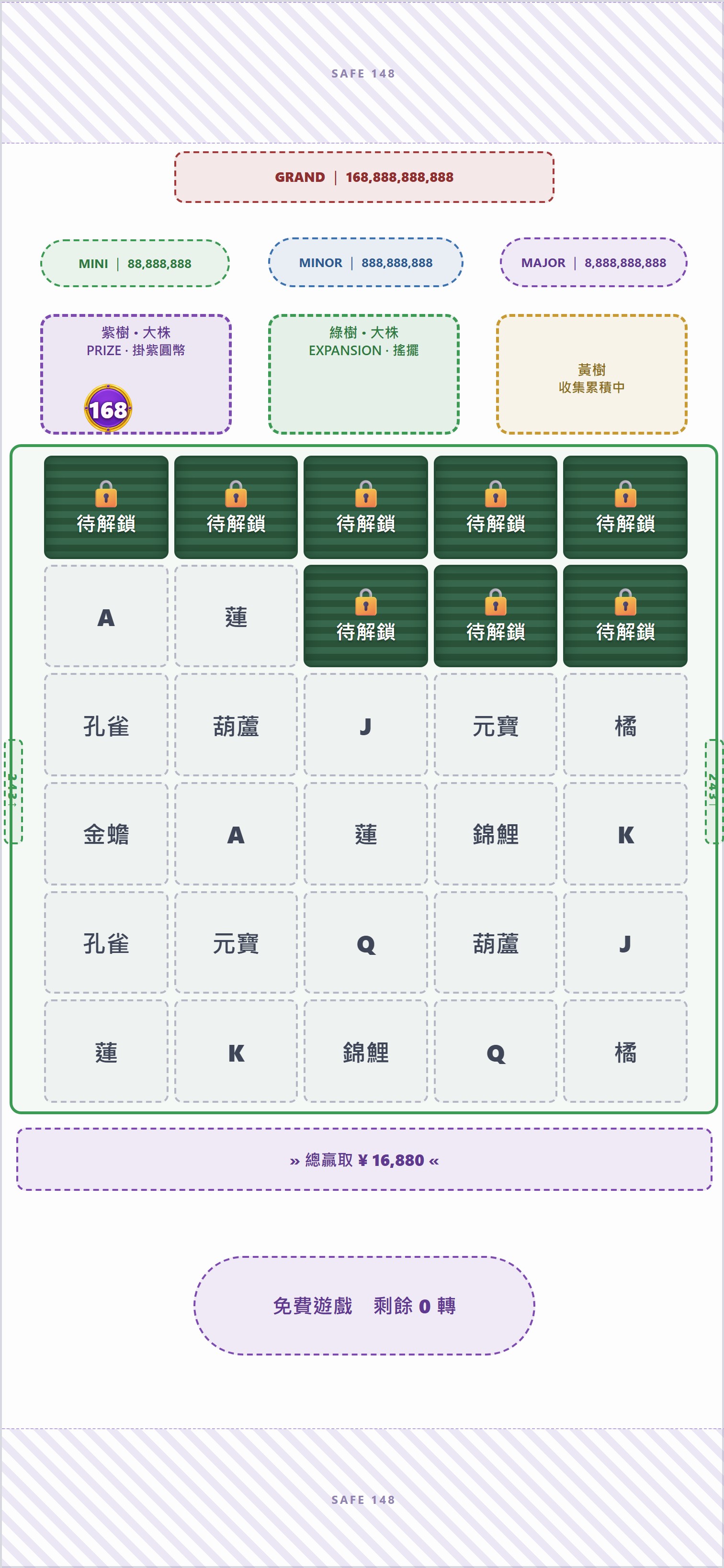 結算：以長高後盤面重算全盤連線＋累計紫圓幣168贏分一起入袋，示意圖綠續長同理不必畫到長滿，紫樹回小株