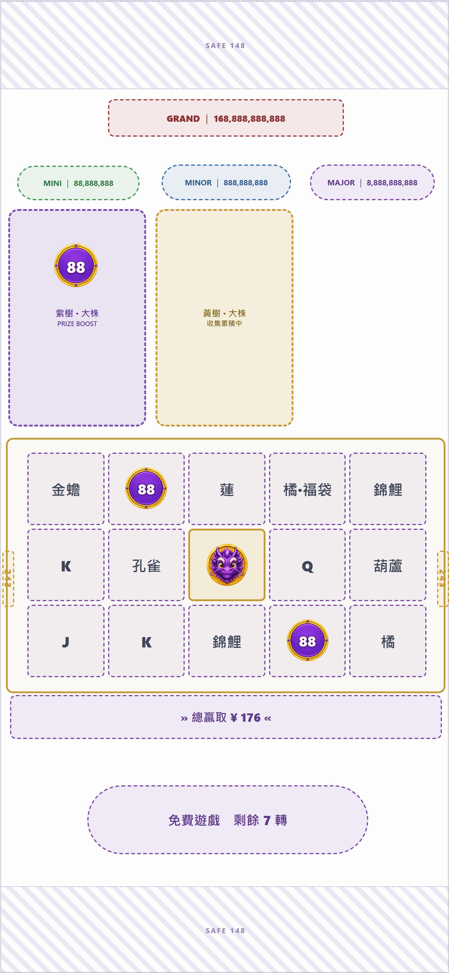 轉完:盤面出現紫龍幣(升階用)+幾顆紫圓幣(即時發當前階 88)
