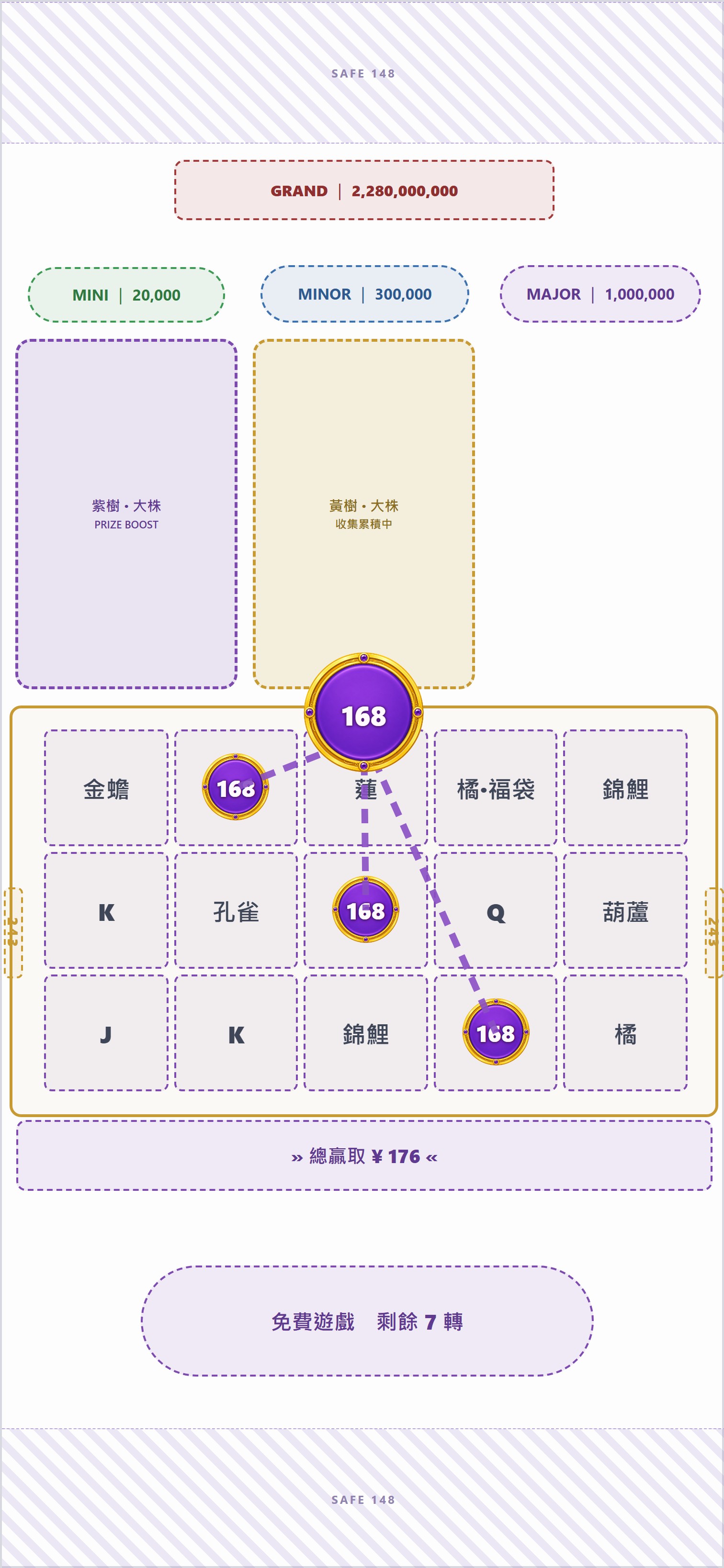 從中央大紫圓幣連粗虛線到要轉換的紫龍幣/紫圓幣，全部轉成新階紫圓幣 168