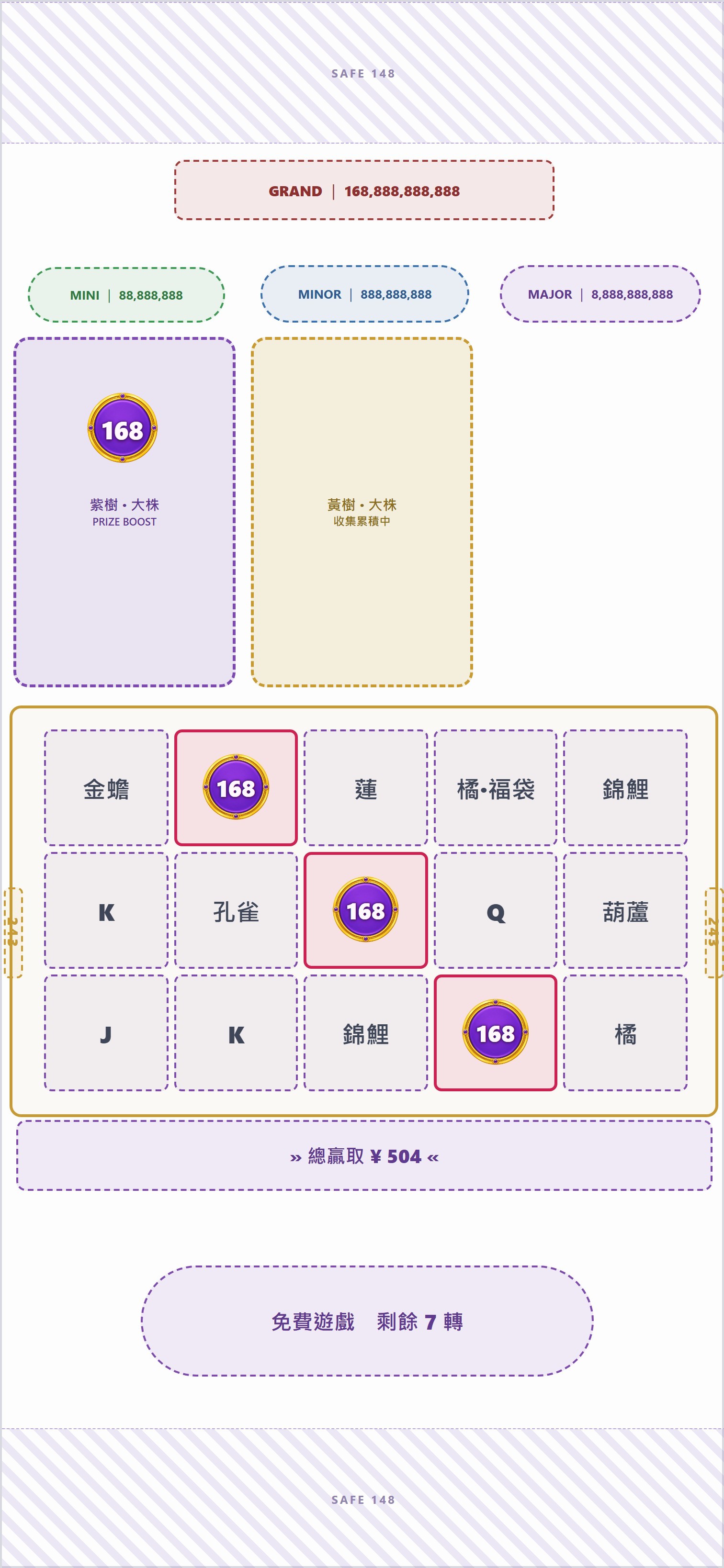 FG 計算連線與紫圓幣累積贏分：連線中獎＋全盤紫圓幣總和一起結算