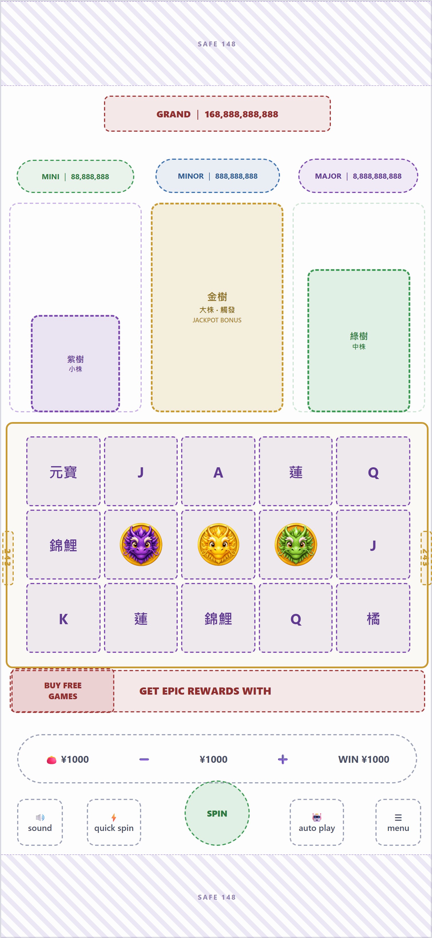 金樹大株、紫樹小株、綠樹中株;達成觸發條件 → 進 Jackpot Bonus