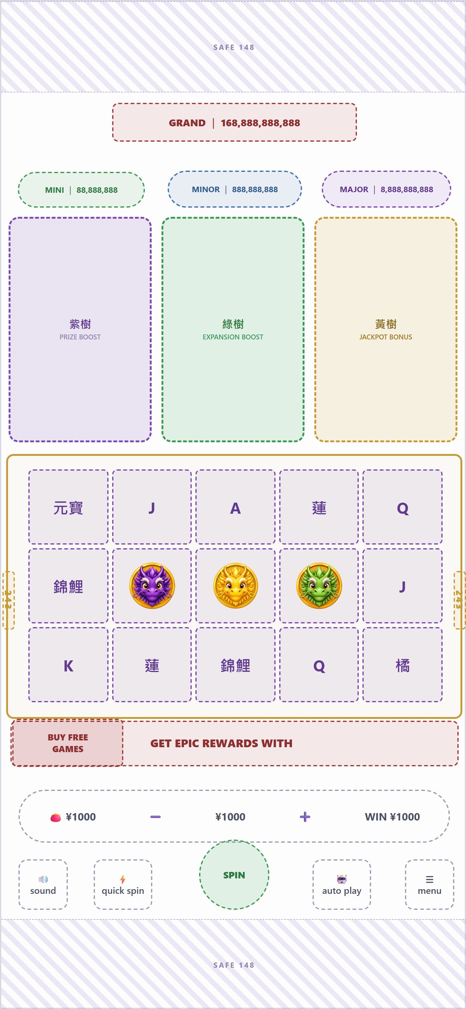 主遊戲紫、綠、黃三樹同為大株；盤面有三色龍幣，達成觸發條件後進三色全爆