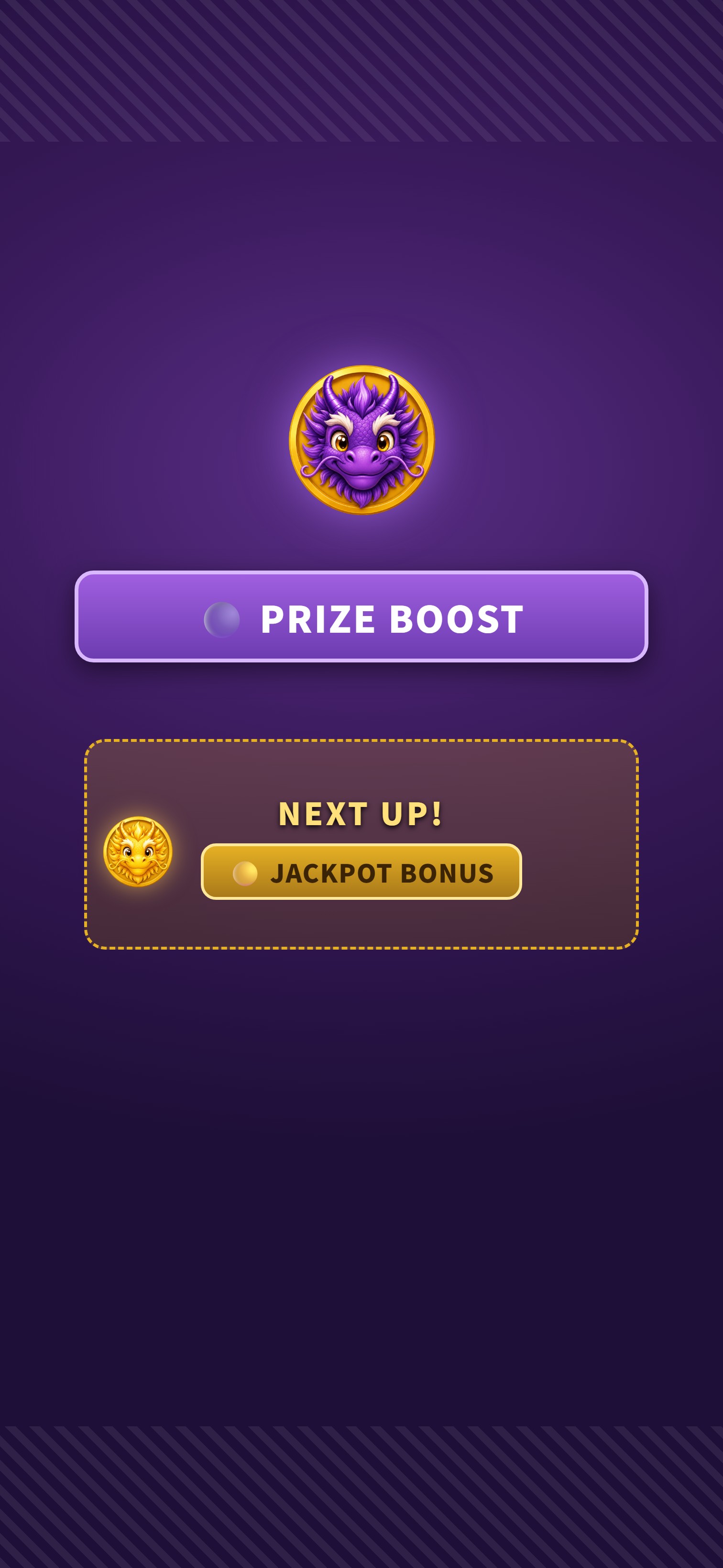進紫黃 combo 轉場:紫龍幣+PRIZE BOOST 主體;下方 NEXT UP! JACKPOT BONUS 橫幅、左邊掛小黃龍幣
